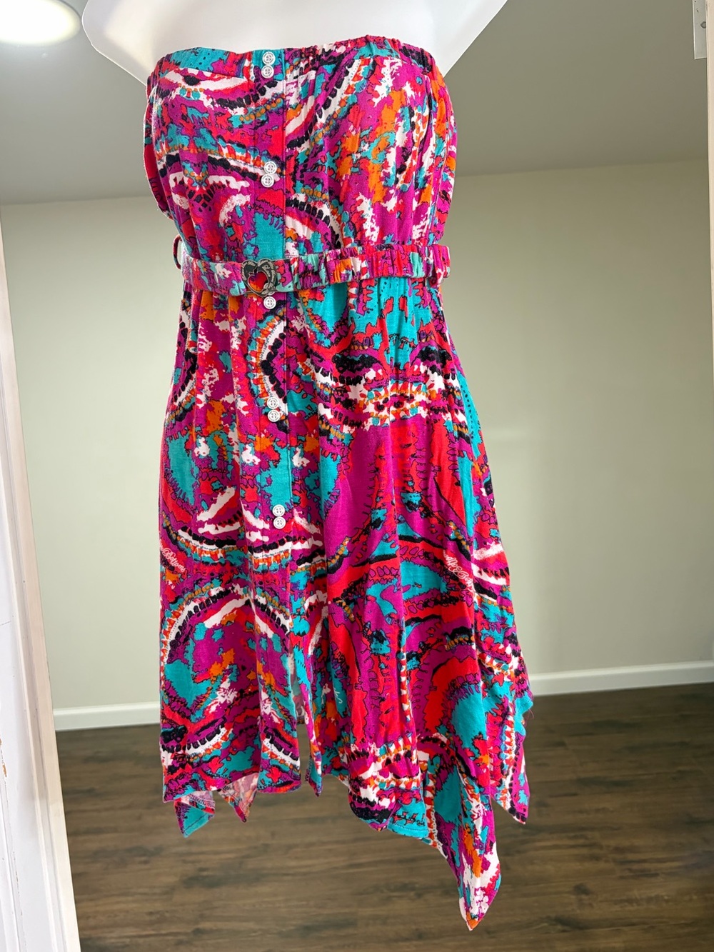 Apple Bottom Strapless Teal & Pink Printed Sundress